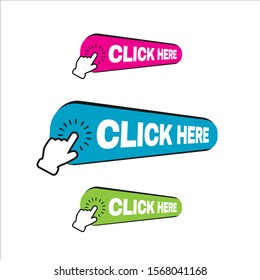 hand pointer clicking click here button vector. round shape click here icon for web banner and site bar.