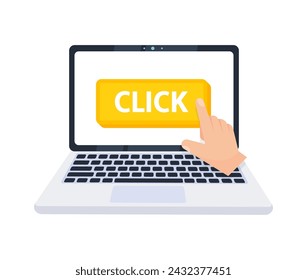 Hand pointer clicking on a click button on a laptop screen. Vector illustration