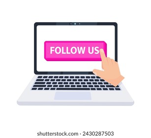 Hand pointer clicking on a follow us button on a laptop screen. Vector illustration