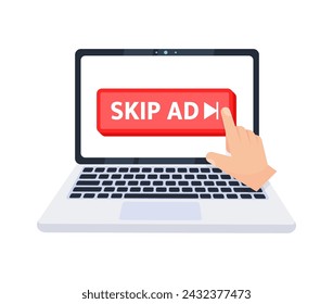 Hand pointer clicking on a skip ad button on a laptop screen. Vector illustration
