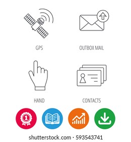 Hand pointer, contacts and gps satellite icons. Outbox mail linear sign. Award medal, growth chart and opened book web icons. Download arrow. Vector
