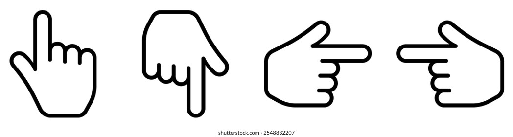 Hand pointer cursor icon set. Direction on right, left, down and up. Finger gesture. Vector illustration