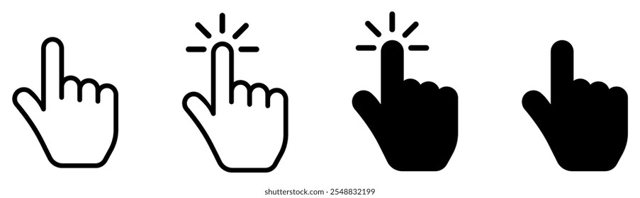 Hand pointer cursor icons set. Clicking finger, pointing hand clicks icons. Vector illustration