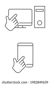 hand pointer cursor with smartphone and computer outline icon isolated on white 