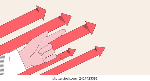 Hand pointer direction with finger. Arrows growth or rising up to final goal or destination. Concept of progress, investment in future, business leadership and different ways and strategy. Mentor.