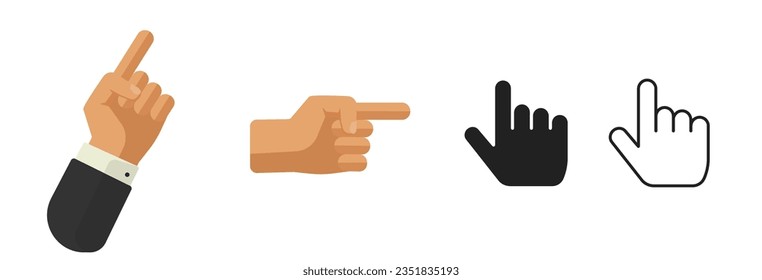 Hand pointer finger icon vector simple pictogram graphic, forefinger thumb cursor web glyph symbol flat line outline art stroke gesture, cartoon comic shape silhouette clipart image set