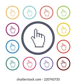 hand pointer flat icons set. Open round colorful buttons. Vector 