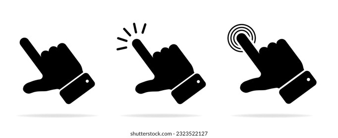 Hand pointer icon. Finger click. Pointer click. Cursor arrow icon. Clicking a computer mouse. Vector illustration on a white background.