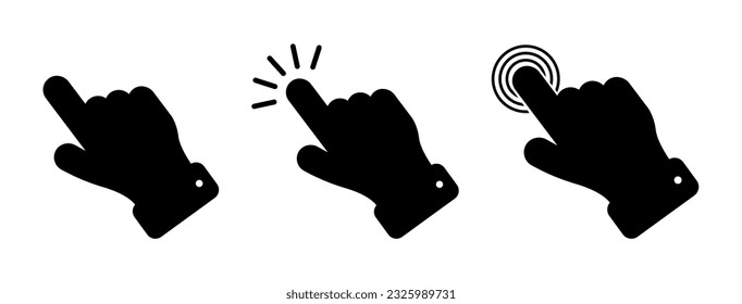 Hand pointer icon. Finger click. Pointer click. Cursor arrow icon. Clicking a computer mouse. Vector illustration on a white background.