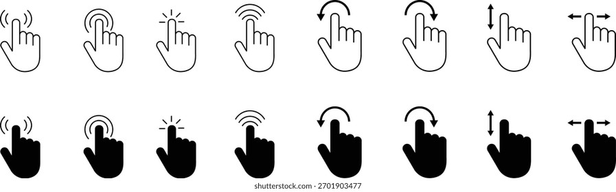 Ponteiro da mão Ícone definir clique, Toque e passe símbolos de gesto vetor Ilustração em fundo transparente.