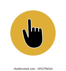 Hand pointer icon in yellow circle. Mouse navigator for computer. Application user button in smartphone. Vector graphics.