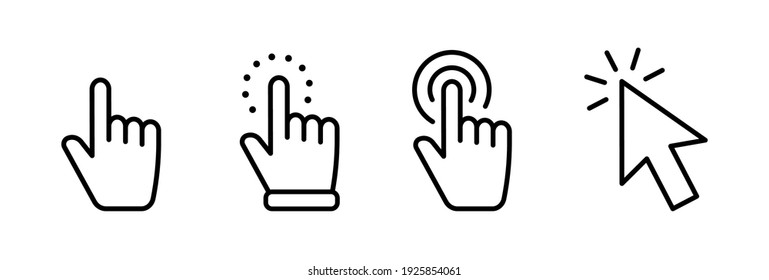Hand pointer icons. Pointer click. Cursor arrow icon. Clicking finger. Computer mouse click. Vector illustration.