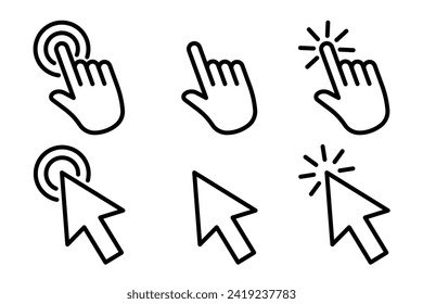 Hand pointer icons. Pointer click. Cursor icon. Clicking finger. Computer mouse click.