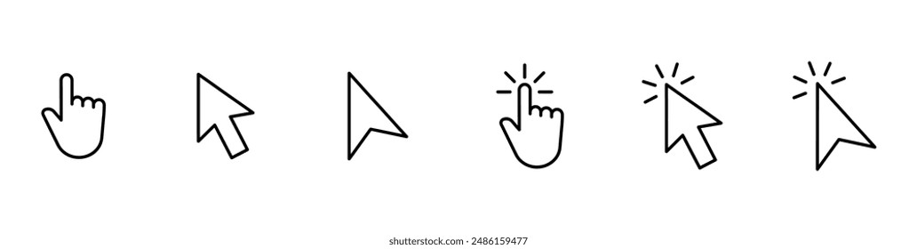 Hand pointer icons. Pointer click. Cursor arrow icon. Clicking finger. Computer mouse click. Vector illustration.