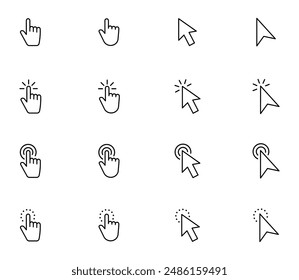 Hand pointer icons. Pointer click. Cursor arrow icon. Clicking finger. Computer mouse click. Vector illustration.