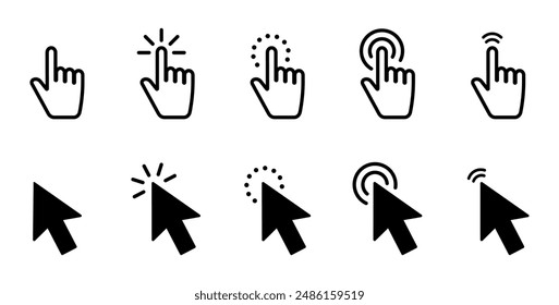 Hand pointer icons. Pointer click. Cursor arrow icon. Clicking finger. Computer mouse click. Vector illustration.