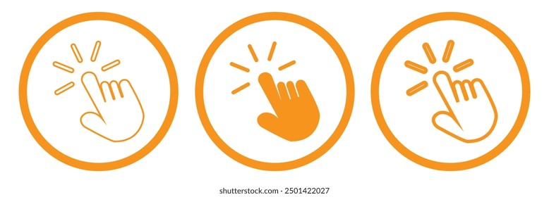 Iconos de puntero de mano. Hacer clic de puntero. Icono de cursor. Pulsando el dedo. Hacer clic del ratón del ordenador. Ilustración vectorial.