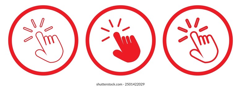 Iconos de puntero de mano. Hacer clic de puntero. Icono de cursor. Pulsando el dedo. Hacer clic del ratón del ordenador. Ilustración vectorial.