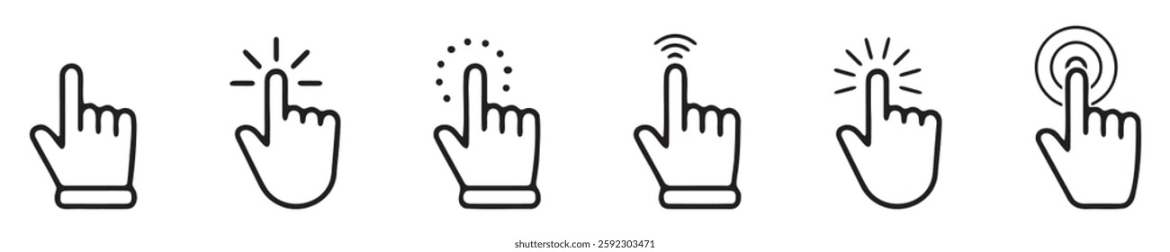 Hand pointer icons. Pointer click. Cursor icon. Clicking finger. Computer mouse click. Vector illustration.