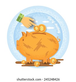 hand pointer put in coin in dirty piggy bank stand in puddle of mud.Vintage retro style dirty money icon on blue circle background