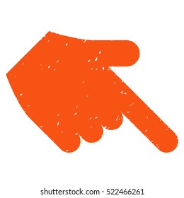 Hand Pointer Right Down grainy textured icon for overlay watermark stamps. Flat symbol with unclean texture. Dotted vector orange ink rubber seal stamp with grunge design on a white background.