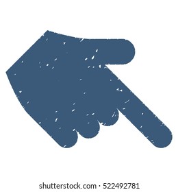 Hand Pointer Right Down grainy textured icon for overlay watermark stamps. Flat symbol with dust texture. Dotted vector blue ink rubber seal stamp with grunge design on a white background.