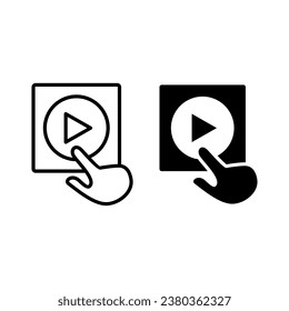 
Hand Pointer select video  icon editable stroke, online education concept, finger cursor open media file sign, hand click close video icon in outline style. with line style and black fill isolated wh