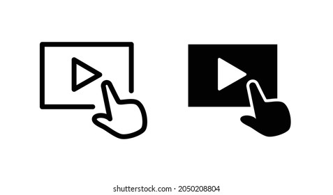 Hand Pointer select video thin line icon editable stroke, online education concept, finger cursor open media file sign, hand click close video icon in outline style. Vector graphics.