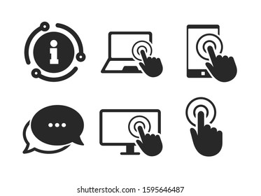 Hand pointer symbols. Chat, info sign. Touch screen smartphone icons. Notebook or Laptop pc sign. Classic style speech bubble icon. Vector