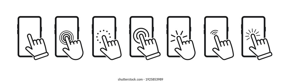 Hand pointer and touch screen smartphone icon. Click on the smartphone. Cursor icon. Clicking finger on the screen phone. Vector illustration.