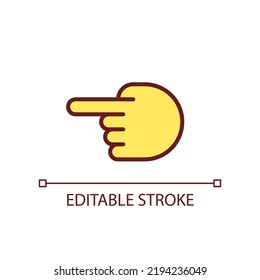 Hand pointing aside pixel perfect RGB color icon. Index finger showing direction. Hand gesture. Isolated vector illustration. Simple filled line drawing. Editable stroke. Arial font used