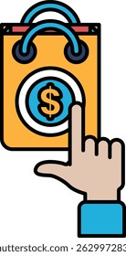 A hand pointing at a bag with a dollar sign on it. The hand is on the number 1