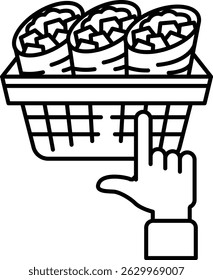 A hand is pointing to a basket filled with food, including a taco. The basket is placed on a white background, and the hand is positioned above it, indicating that the viewer should select the basket