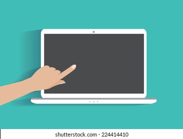 Hand pointing at blank screen of  laptop. Using computer pc, flat design concept. Eps 10 vector illustration