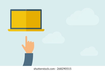 Una mano apuntando a la pantalla en blanco del portátil. Un estilo contemporáneo con una paleta pastel y un fondo azul claro en el cielo. Ilustración de diseño plana vectorial. Diseño horizontal con espacio de texto en la parte derecha.