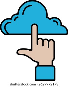 A hand pointing at a blue cloud. Concept of curiosity and wonder, as if the viewer is trying to explore the cloud