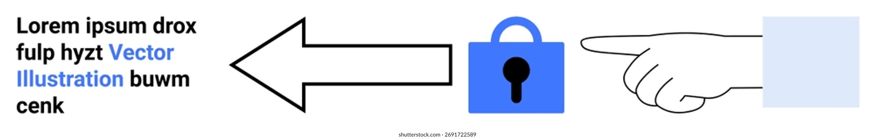 Hand zeigt auf blaues Schloss mit Pfeil und Platzhaltertext. Ideal für Cybersicherheit, Datenschutz, Schutz, digitale Sicherheit, Datenverschlüsselung, Zugriffskontrolle und Online-Sicherheit. Banner für Zielseite