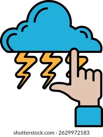 A hand is pointing at a blue and orange cloud with lightning bolts. Concept of danger and unpredictability, as the lightning bolts suggest that a storm is approaching