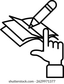 A hand is pointing to a book with a pencil on it. Concept of writing or drawing in a book