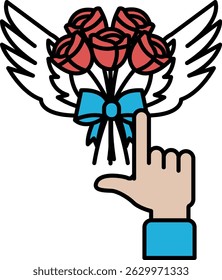 A hand pointing at a bouquet of red roses. Concept of appreciation and admiration for the beauty of the flowers