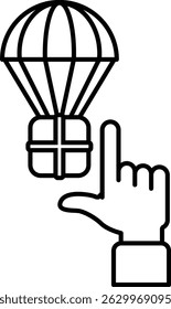 A hand is pointing to a box with a parachute on top, which is labeled "delivery."