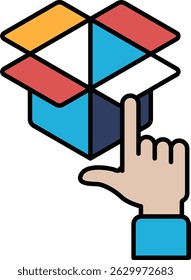 A hand pointing at a box with a red, blue, and yellow square on it. The box is open and the hand is touching it