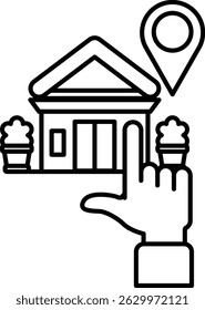A hand pointing to a building with a map on it. The building is a bank