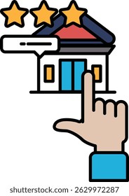 A hand pointing at a building with three stars on it. The building is a hotel. The hand is pointing to the hotel, indicating that it is a good place to stay