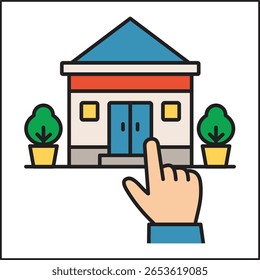 Hand pointing at a building with trees and windows representing real estate or property selection
