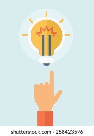The hand pointing to the bulb. Idea concept.  Vector flat design illustration.
