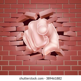 Hand pointing bursting through a red brick wall 