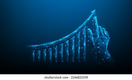 hand pointing business graph increase to success. business investment graph growth on blue dark background. stock market trading. arrow income economy. vector illustration technology 