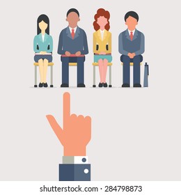 Hand pointing to business people who sitting on chair waiting for job interview, recruitment concept. Flat design. 