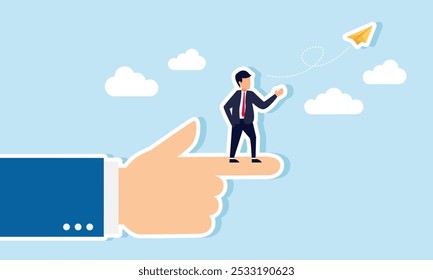 A hand pointing with a businessman flying a paper airplane at the fingertip, illustration of demonstrating how to execute business and marketing strategies  